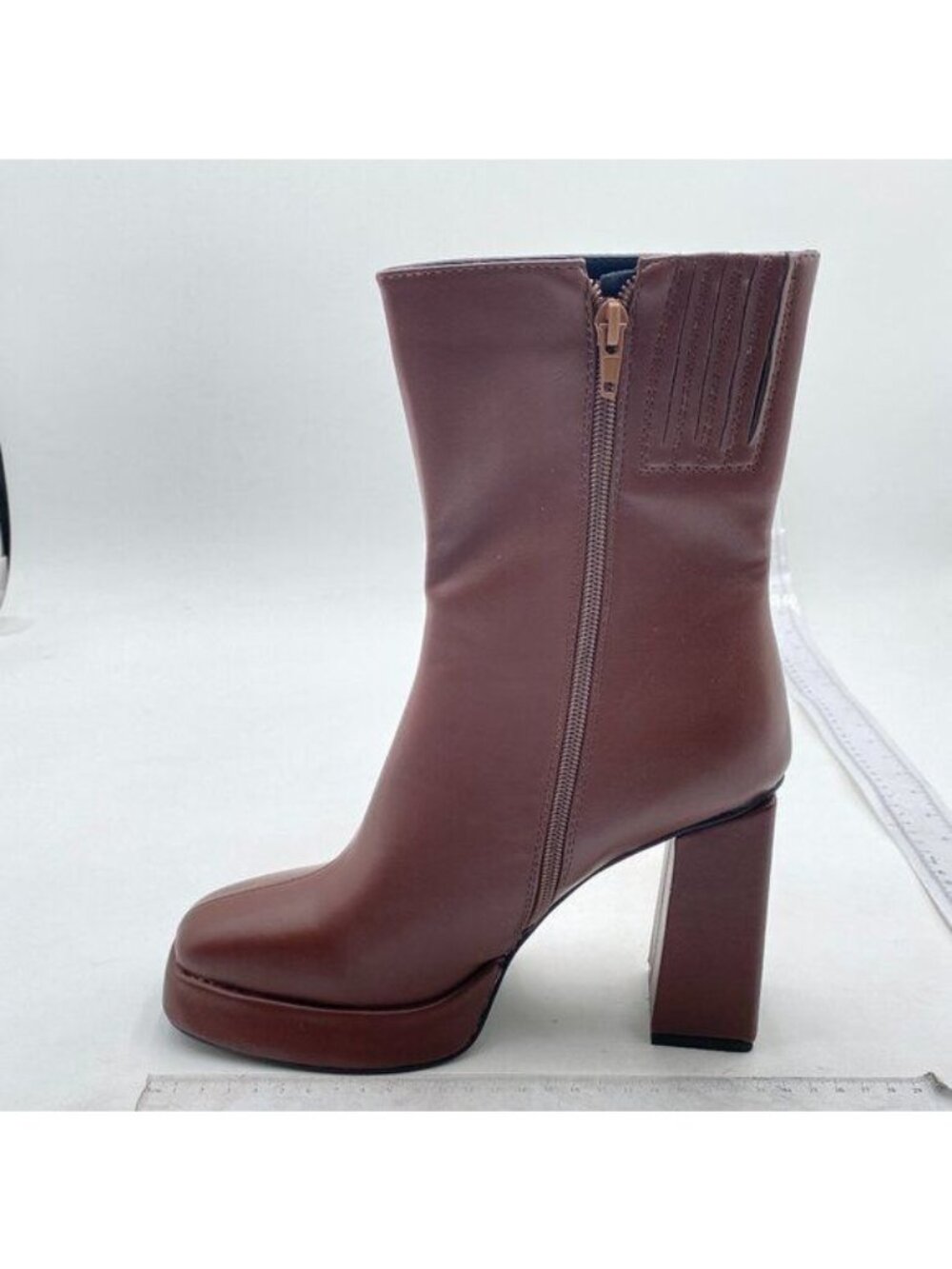 Light Brown Women's Square Toe Platform Chunky High Heel Side Zipper Ankle Boots